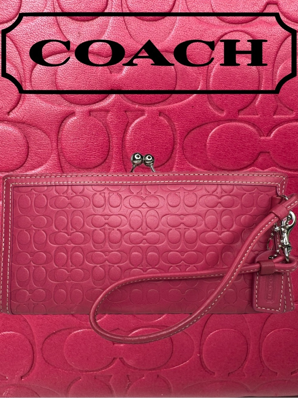 Coach Y2K Pink Embossed Signature C Kisslock Frame Clutch Wristlet Bag